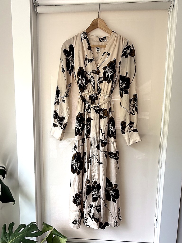 Anne Klein Floral Midi Wrap Dress Cream Black Long Sleeve Tie Waist Xs